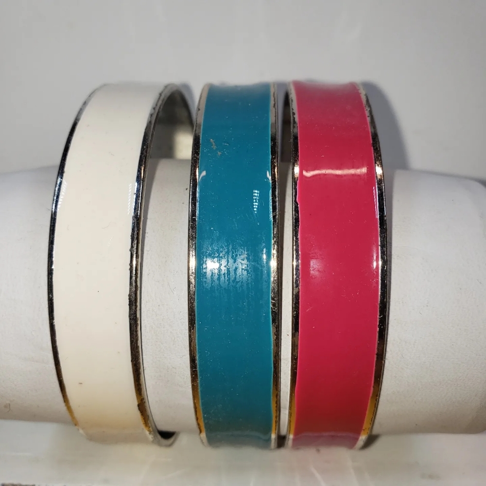 Four Vintage Enamel Blue Pink White Metal Enamel Bangles